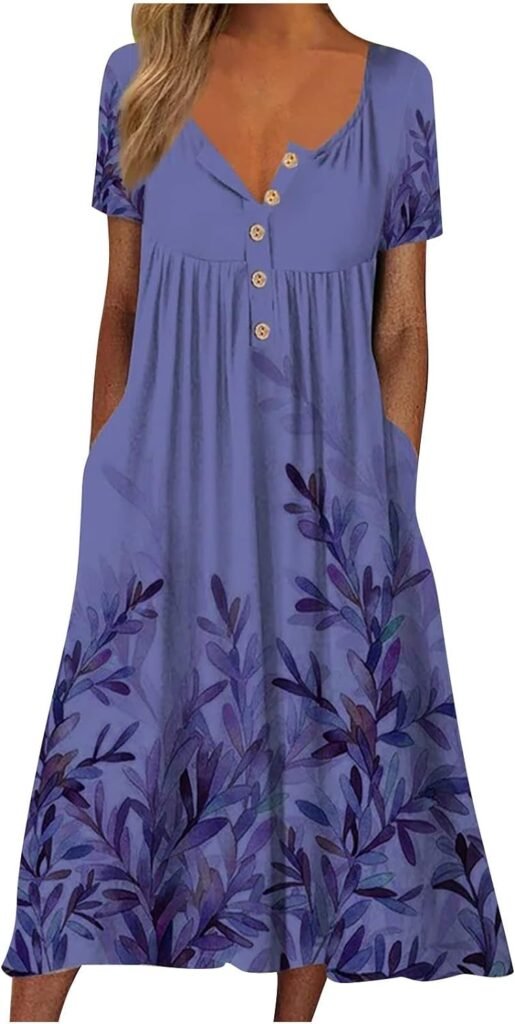 AMhomely Women Dress Sale Summer Printing Causal V-Neck Button Short Sleeve Vacation Pockets Dress UK Ladies Dress Party Elegant Beach Dress Club Cocktail Evening Gowns