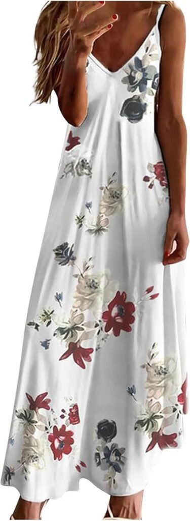 Maxi Dress for Women Summer Sling Vest Dress Sexy V-Neck Sleeveless Floral Spaghetti Strap Long Dress Loose Summer Beach Sundress Vacation Maxi Dress Plus Size Sundress Casual Party Swing Dress