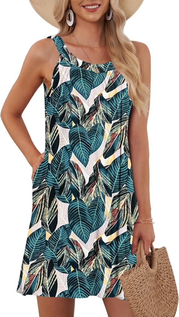 AUSELILY Women’s Beach Cover Up Tank Dress Casual Vacation Short Summer Halter Dresses with Pockets