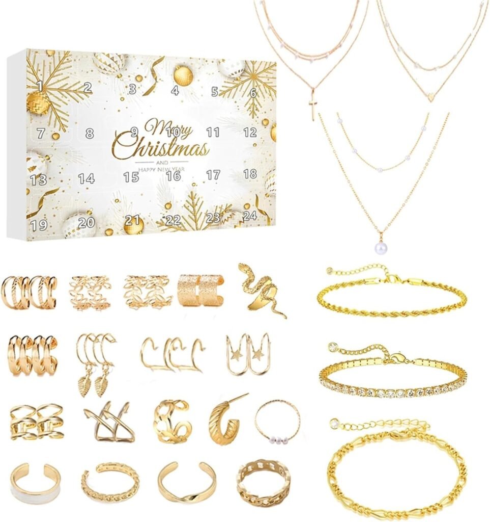 2024 Advent Calendar Jewellery Christmas Countdown, Gold Jewelry Set for Adults Women Ladies Teen Girls – 24 Days Xmas Surprise Gifts with Necklace Earring Ring