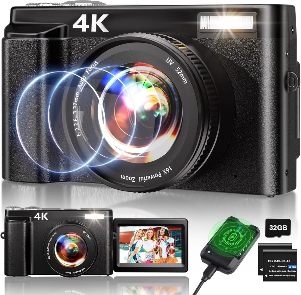 4K Digital Camera,48MP Autofocus Video Camera with 32G Card, 2.7” 180°Flip Screen Vlogging Camera for Youtube 16X Digital Zoom with Flash, Rechargeable Compact Camera for Teens Beginners Adults