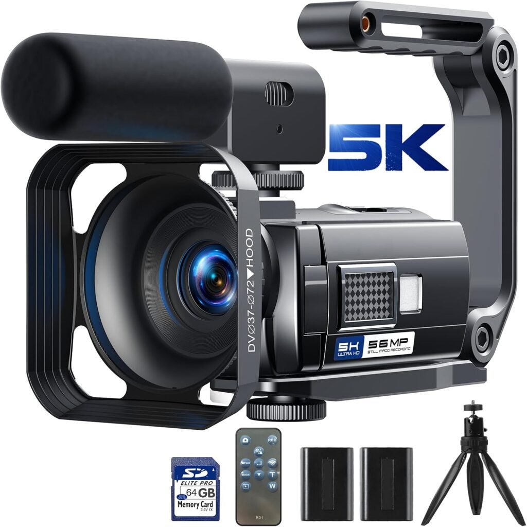 5K 56MP Camcorder Video Camera WiFi 3” 270° Rotatable Touchscreen Vlogging Camera Youtube Camera Podcast Recorder Video Camera with 64GB SD Card, Remote Control, 2 Batteries, Hood, Microphone, Tripod