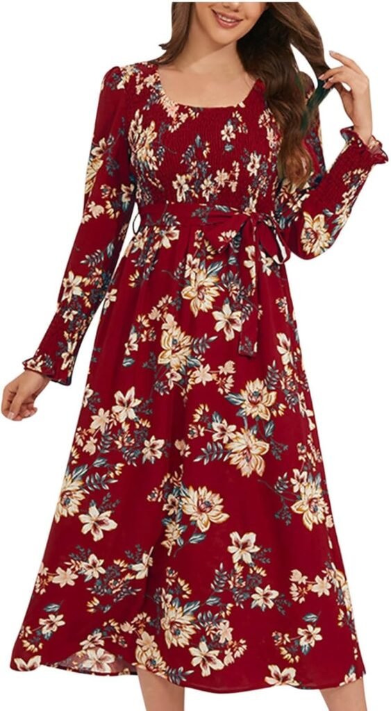 AMhomely Evening Dresses for Women UK Sale Clearance Autumn Warm Long Dress Long Sleeve Crewneck Floral Dress Pleated Ruffle Midi Dress Loose Fit High Waist Work Office Dress Christmas