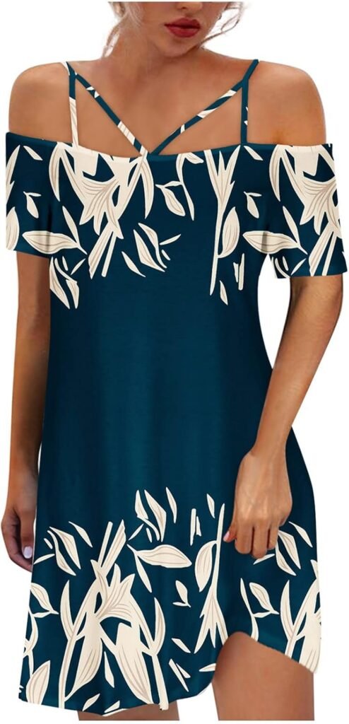 AMhomely Women Casual Elegant Dress Sale Summer Midi Dress Boho Dress Sexy Cold Shoulder Printing Short Sleeve Dress Boho Dress Cocktail Holiday Beach Long Dress for Ladies UK Size