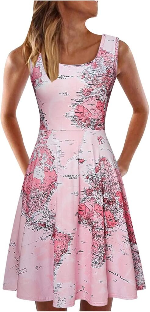 AMhomely Women Casual Sleeveless Dress O-Neck Map Print Knee-Length Beach Dress UK Size Party Elegant Dress Sale