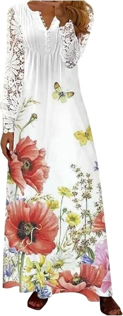 AMhomely Women Dress Sale Clearance Casual V-Neck Long Sleeve Waist Buttons Printing Loose Dress UK Ladies Dress Party Elegant Beach Dress Club Cocktail Work Dresses Evening Gowns