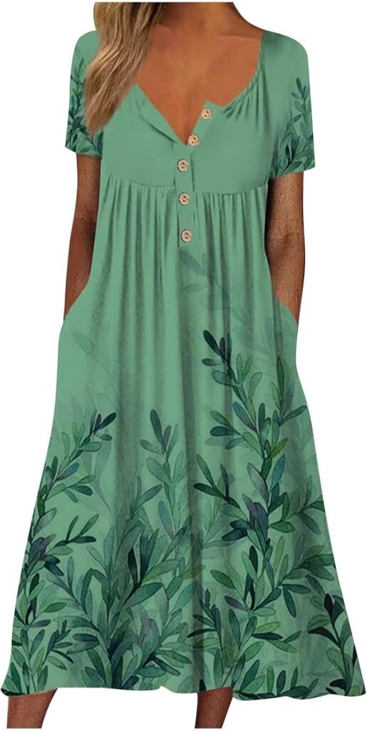 AMhomely Women Dress Sale Summer Printing Causal V-Neck Button Short Sleeve Vacation Pockets Dress UK Ladies Dress Party Elegant Beach Dress Club Cocktail Evening Gowns