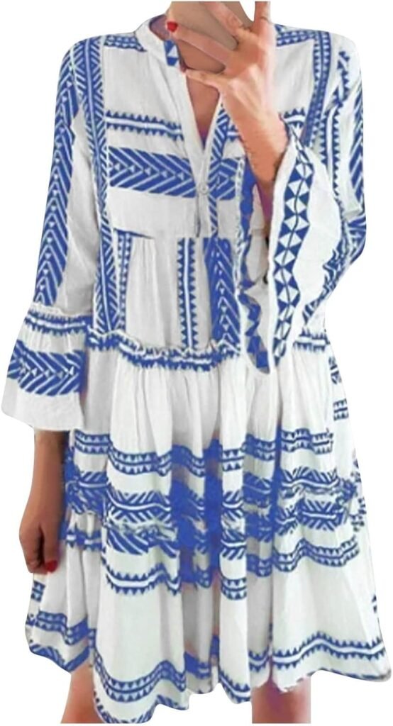 AMhomely Women Dresses Sale Clearance Party Elegant Spring and Casual V-Neck Buttons Three-Quarter Sleeve Print Dress Ladies Trendy Tunic Dresses for Vacation Cocktail Formal Work Wedding Activewear
