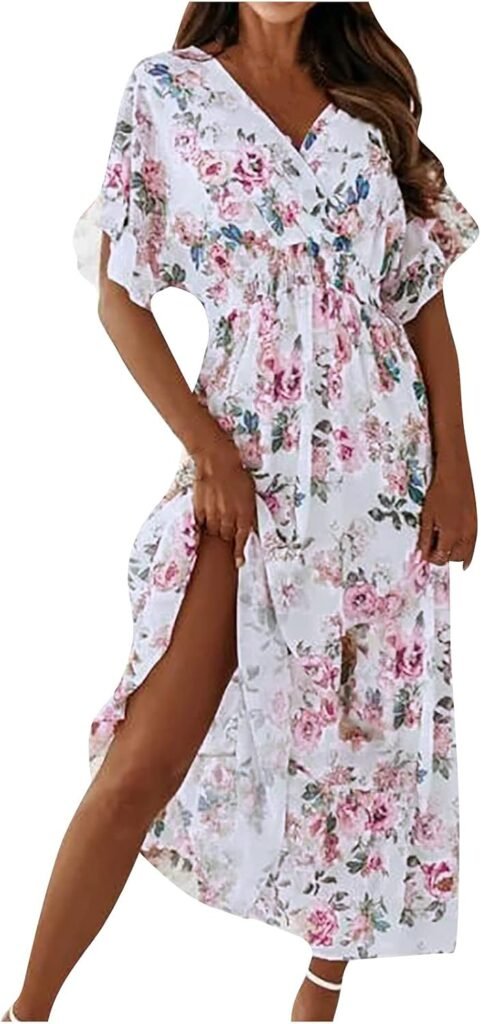 AMhomely Women Dresses Sale Ladies’s Fashion Dress Short Sleeve V-Neck Flowers Print Beach Leisure Long Dress UK Size Evening Gowns Work Maxi Dress Party Elegant