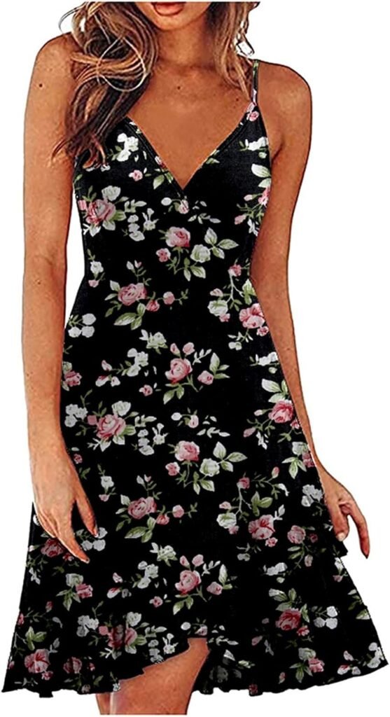 AMhomely Women Dresses Sale,Ladies Summer V Neck Dress Spaghetti Strap Sleeveless Casual Beach Midi Dress UK Size Party Elgant Dresses Clearance Work Dress Office Dressing