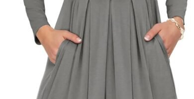 AUSELILY Women’s Long Sleeve Pleated Loose Swing Casual Dress with Pockets Knee Length AUSELILY Women’s Long Sleeve Pleated Loose Swing Casual Dress with Pockets Knee Length