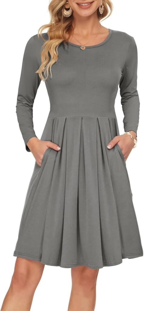 AUSELILY Women’s Long Sleeve Pleated Loose Swing Casual Dress with Pockets Knee Length