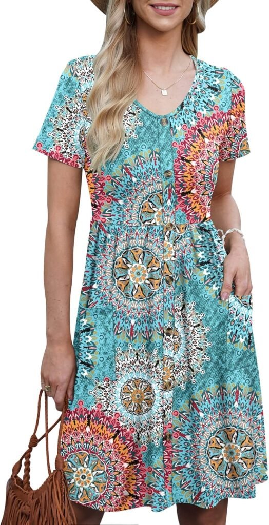 AUSELILY Womens Summer Dress Short Sleeve Knee Length Dress Casual Empire Dress A Line Swing Dresses with Pockets