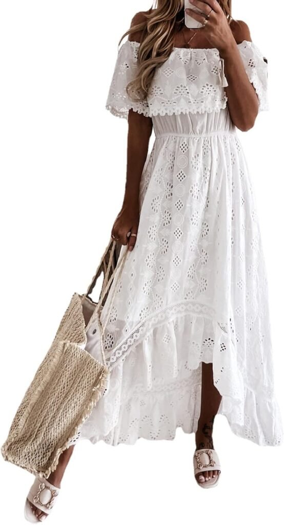 Achlibe Women Off Shoulder Dress Casual Short Sleeve Lace Ruffle Maxi Dress Elegant Evening Dress Summer Beach Dress Achlibe Women Off Shoulder Dress Casual Short Sleeve Lace Ruffle Maxi Dress Elegant Evening Dress Summer Beach Dress