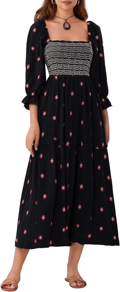 Acrawnni Women’s Flower Embroidered Maxi Dress Long Puff Sleeve Square Neck Smocked Tiered Bohemian Flowy Dress Beach Long Dress Acrawnni Women’s Flower Embroidered Maxi Dress Long Puff Sleeve Square Neck Smocked Tiered Bohemian Flowy Dress Beach Long Dress