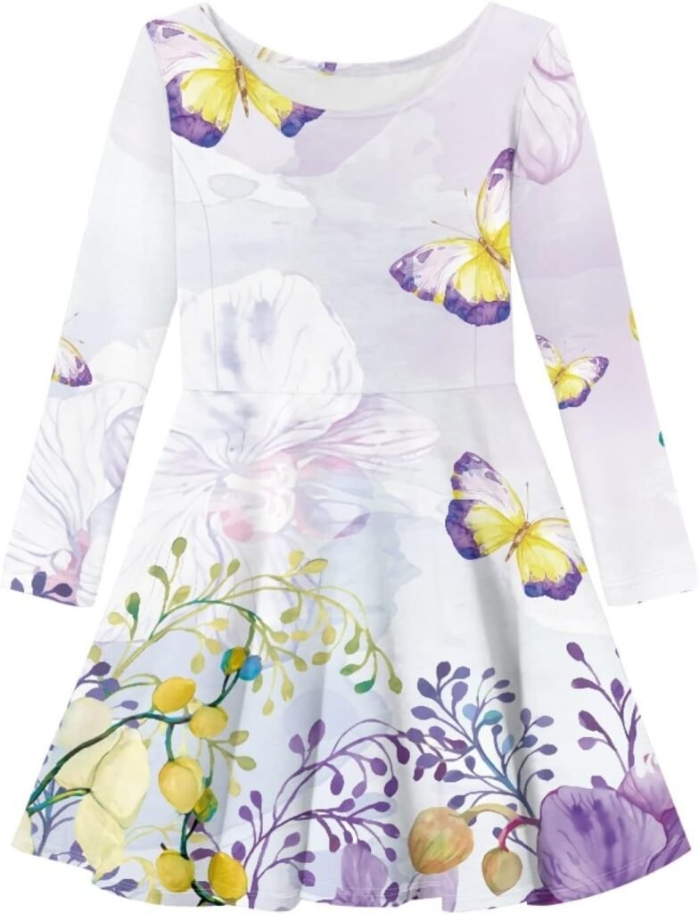 Allcute Girls Long Sleeve Twirly Dress Graphic Print Kids Fashion Swing Skater Dress for 4-16 Years Old