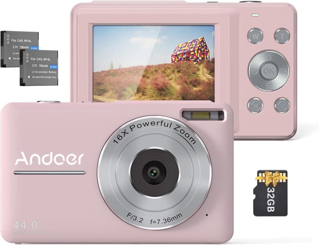 Andoer Digital Camera Pink Digital Camera With 2Pcs Rechargeable Batterie 32Gb Memory Card 1080P 44M Hd 16X Digital Zoom Anti-Shake Auto Focus 2.5 Ips Screen Smile Lcd Screen For Kids Children Holiday