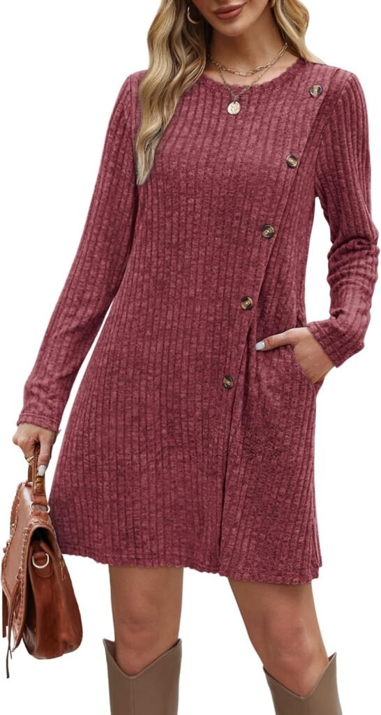 Aokosor Jumper Dress for Women Elegant Long Sleeve Dress Ladies Button Front Slit Tunic Dresses with Pockets