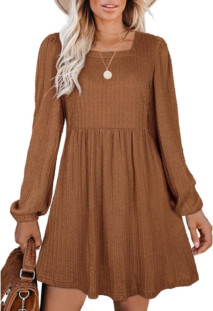 Aokosor Long Sleeve Knit Dress Square Neck Jumper Dresses Knee Length Babydoll Dresses