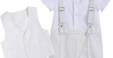 Baby Boy Gentlemen Romper Suits Infant Baby Boys’ Christening Gowns Clothing Baptism Jumpsuit Bow Tie Waistcoat with Hat Birthday Wedding Outfits White 18-24 Months