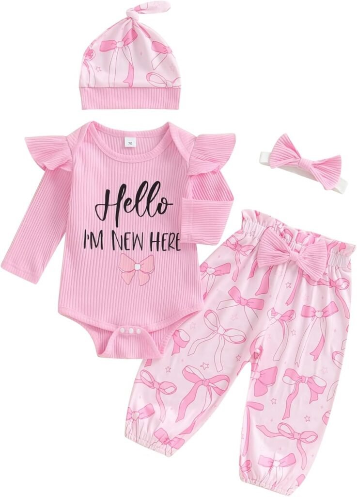 Baby Clothes Girl Newborn ClothingFall Letter Long Sleeve Romper With Bow Pattern Pants And Headband Hat Set 4 Pcs Outfit Baby Clothes Girl Newborn ClothingFall Letter Long Sleeve Romper With Bow Pattern Pants And Headband Hat Set 4 Pcs Outfit