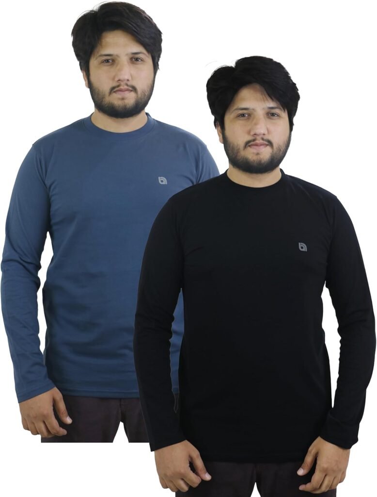 Bahob® 2 Pack Men’s Long Sleeve T-Shirt Top Round Neck Full Sleeve T-Shirt Soft Cotton S-XXXL
