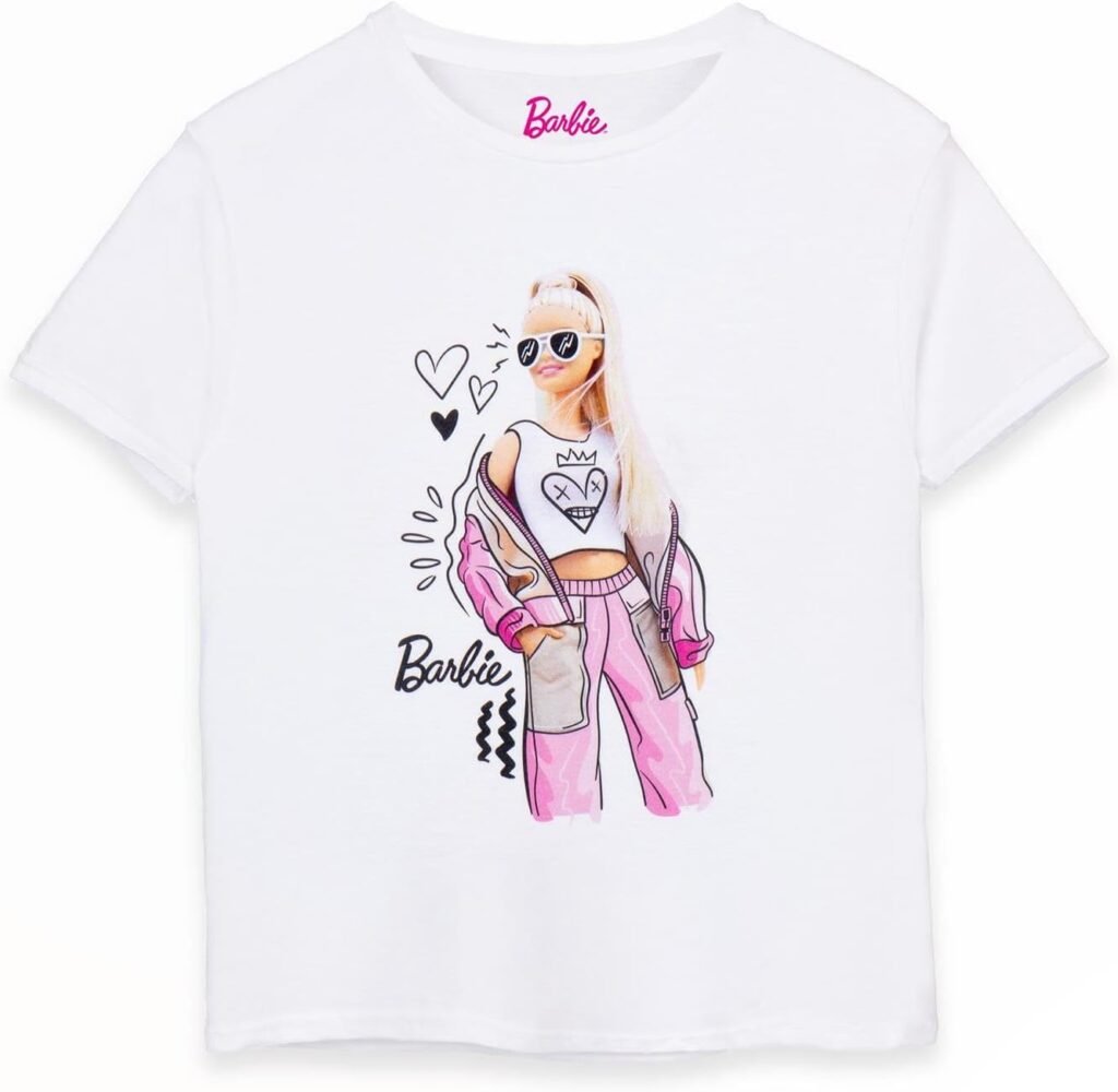 Barbie Girls T-Shirt in White | Doodle Sketch Pose Graphic Tee for Kids | Short-Sleeved Retro Fashion Top | Doll Tshirt Movie Merchandise Gift for Children & Graphic Teens