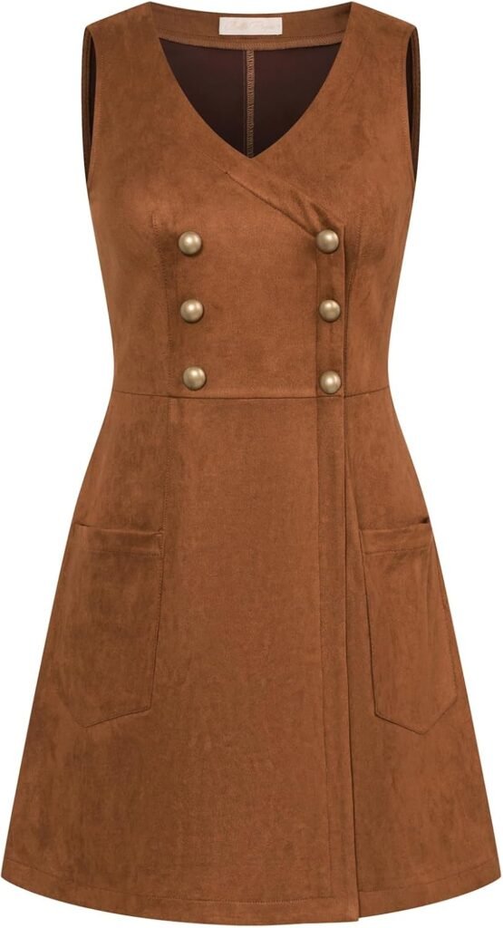 Belle Poque Women Pinafore Dress Vintage V Neck Double Breasted Overall Dress with Pockets Belle Poque Women Pinafore Dress Vintage V Neck Double Breasted Overall Dress with Pockets