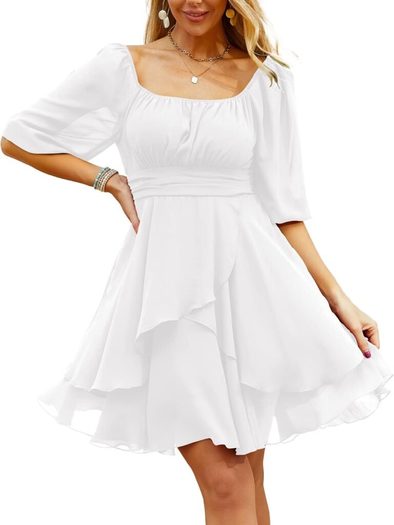 Beluring Dress for Women Square Neck Puff Short Sleeve Square Neck Elastic Waist Casual Chiffon Mini Dress