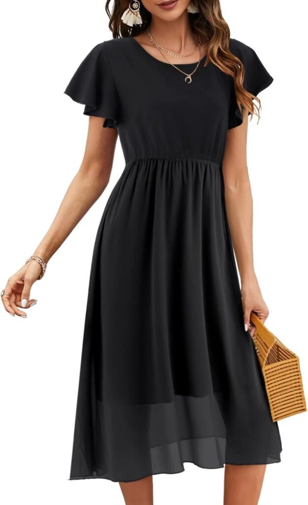 Beluring Womens Casual Short/Long Sleeve Dress Crew Neck Pleated Flowy Midi Dresses