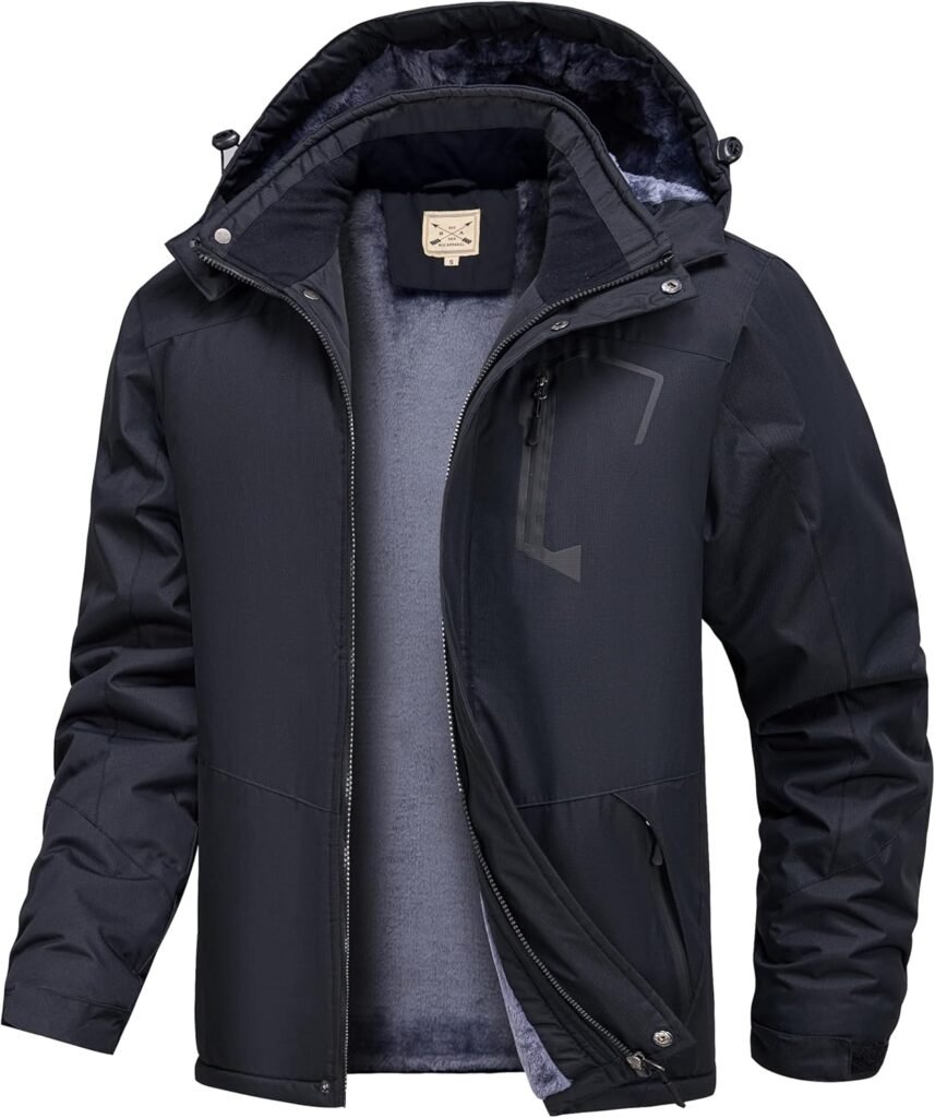 Blu Apparel Men’s Waterproof Faux Fur Lined Coat Warm Winter Jacket Outdoor Mountain Hiking Jackets for Men Windproof