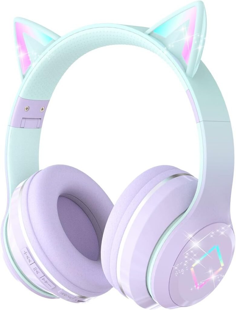 Bluetooth Kids Headphones,Cat Ear LED Light Up Kids Wireless Headphones,Bluetooth 5.1&Stereo Sound,Foldable,Adjustable Headband,Children Headphones with Microphone Over Ear for School/Tablet (Purple)