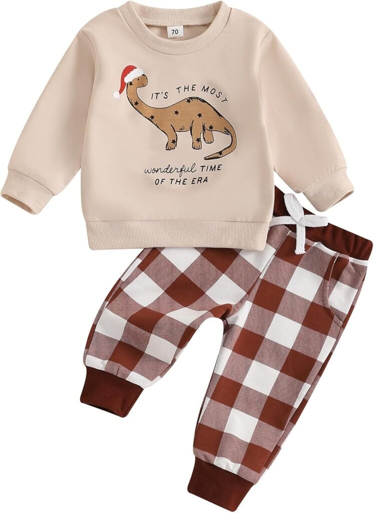 Bufarromio Toddler Baby Boys Fall Clothes Set Christmas Dinosaur Letter Print Top Plaid Pocket Pants Set Casual 2 Pcs Outfits For Newborn Boys