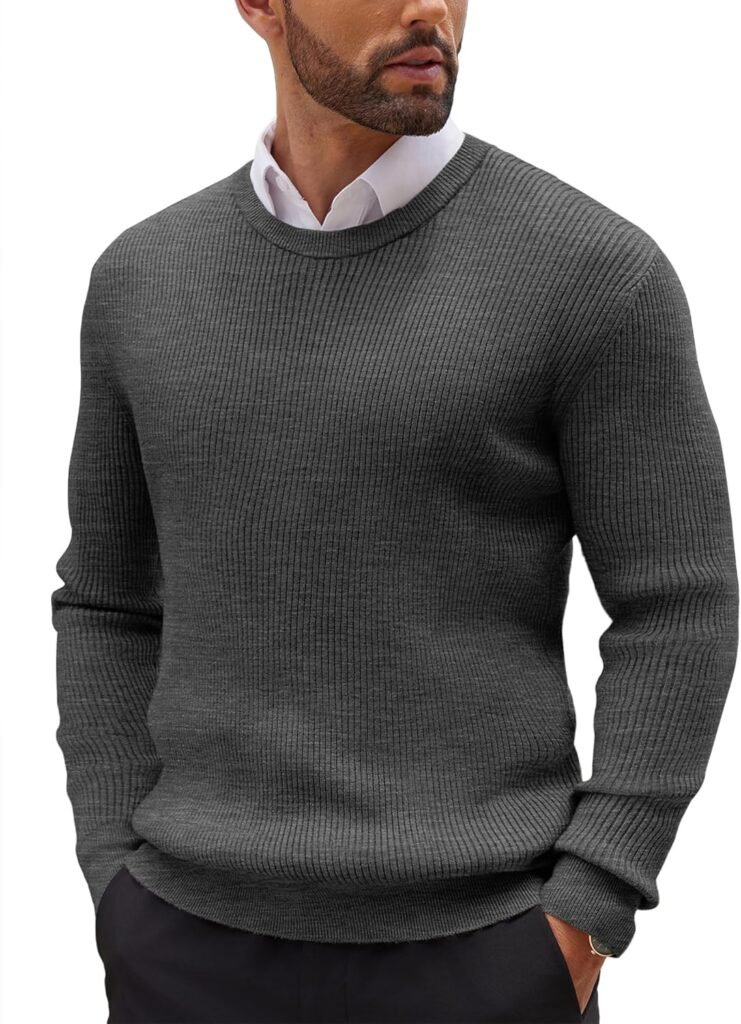COOFANDY Mens Knitted Jumper Crew Neck Sweater Basic Narrow Stripes Knitting Shirt Long Sleeve Ribbed Jumpers Regular Fit Classic