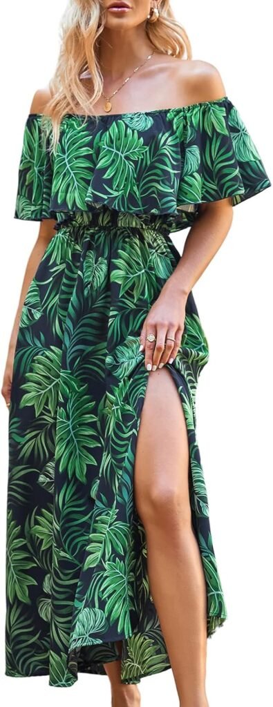 CUPSHE Dress for Women Summer A Shape Dresses Off Shoulder Sleeve Maxi Length Ruffle Fitted Waisted Tropical Printed