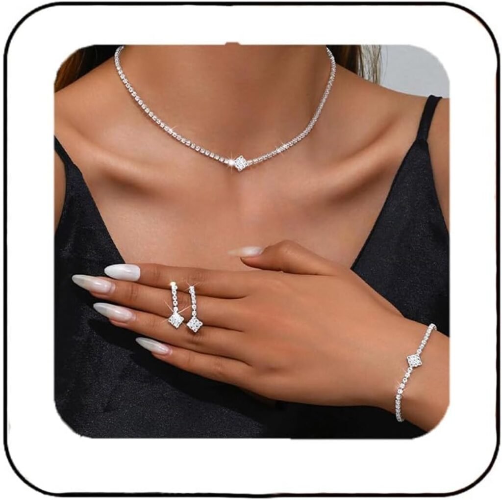 Calkkrer Silver Wedding Jewellery Set, Sparkling Rhinestone Necklace, Earrings and Bracelet, Bridal Jewellery Set for Women, Elegant Jewellery Set Silver, Chain Rhinestone Bridal Jewellery
