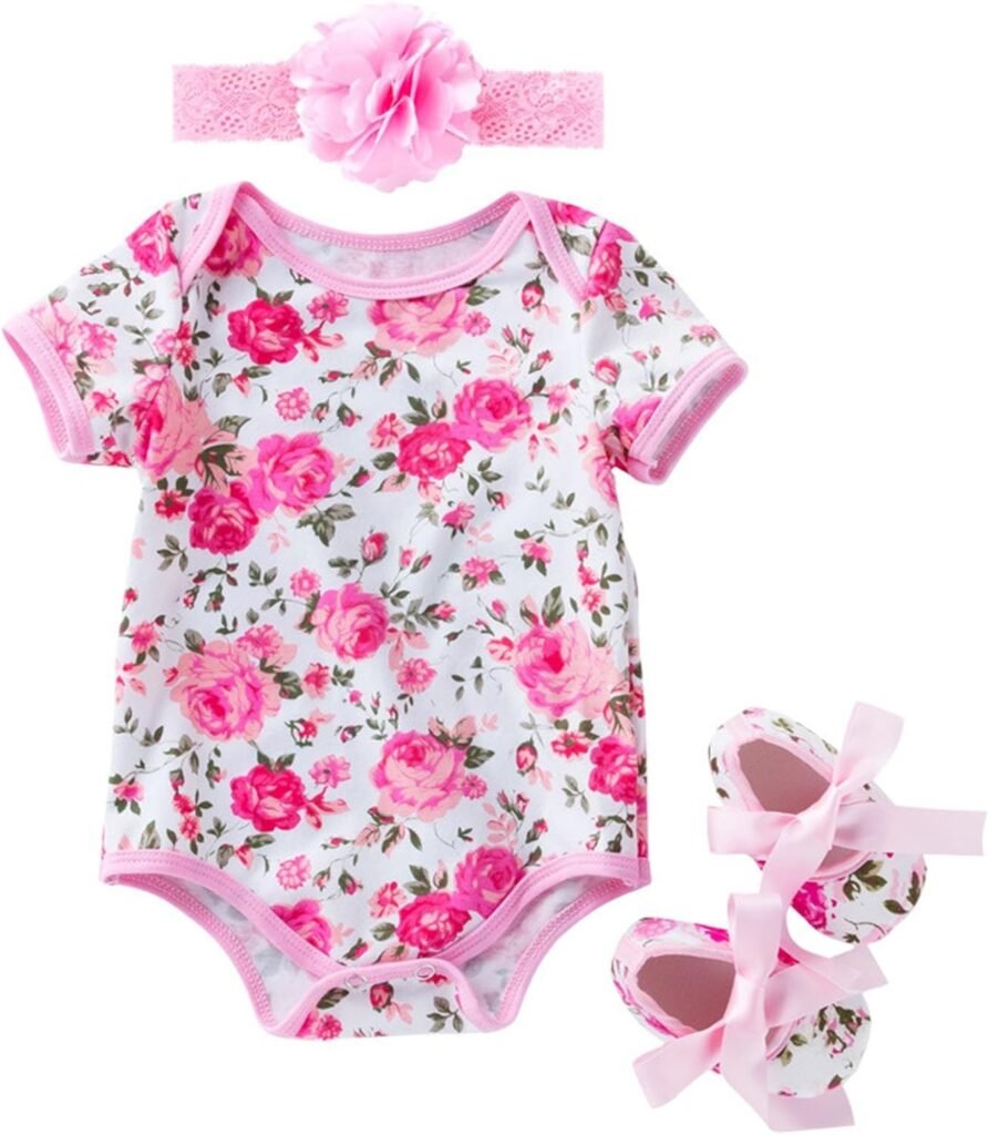 Casual Playsuit for Kids Girl Boy Romper Costume Newborn Baby Girl Romper Short Sleeved Floral Pattern Romper + Headband + Shoes Outside Bodysuit Romper Jumpsuit Clothes Infant Baby Undershirt