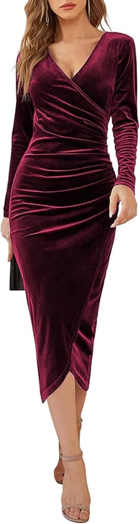 CheChury Maxi Dresses for Women UK Velvet Ruched V-Neck Dress Bodycon Split Dress Slit Wrap Dress Elegant Wedding Cocktail Party Dress Fall Winter