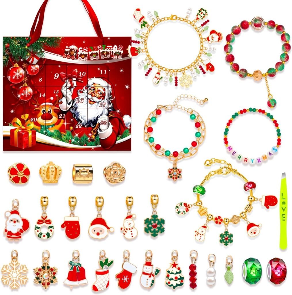 Christmas Advent Calendar Bracelets 2024 for Girls DIY Charms Jewellery Making, 5 Bracelets Set 24 Days Countdown Jewellery Gifts 22 Charms Beads for Kids Women Xmas Party Favor