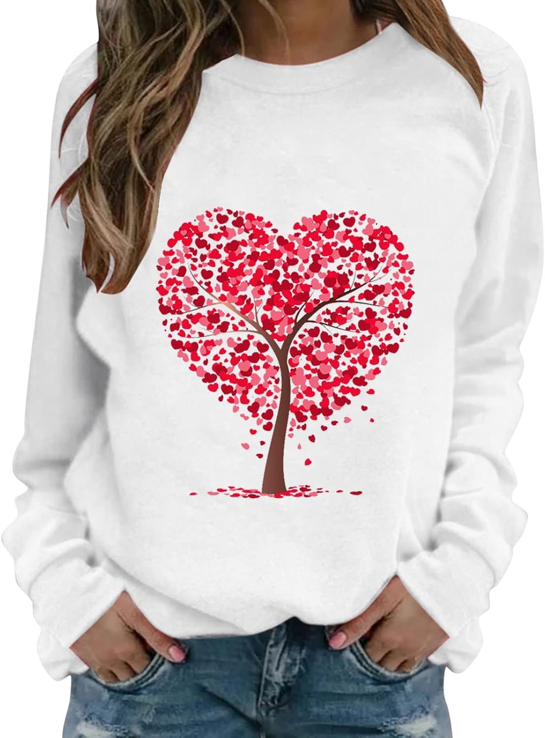 Cute Hoodies for Teens Womens Winter Fashion 2024 Women’s Top Blouse Valentine’s Heart Print Long-sleeved Sweatshirt Soft Top Casual O Neck Blouse Oversized Sweatshirts for Women Pullover Women