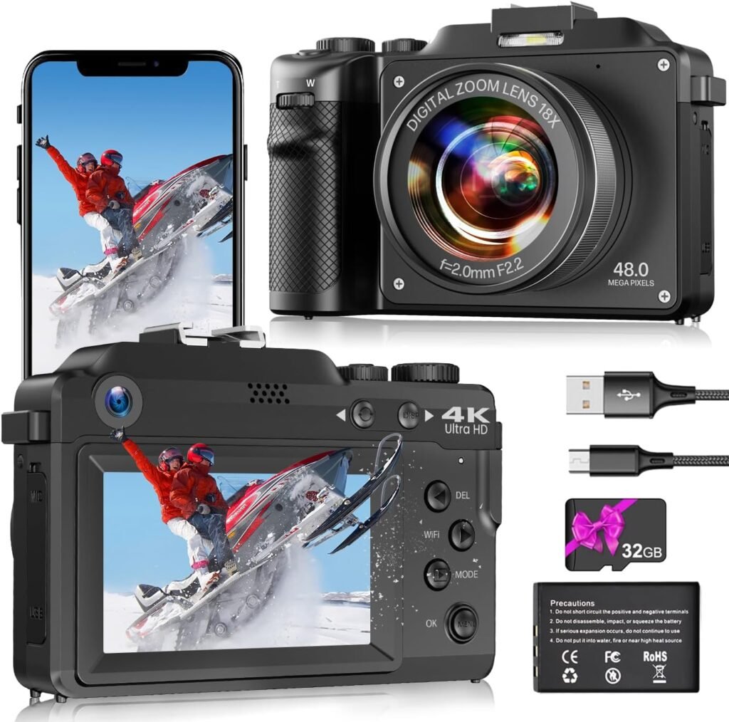 Digitai Camera 4K 48MP Compact Digital Camera for Photography, Vlogging Camera with Free 64GB SD Card,18X Digital Zoom,Dual-lens Selfie Function Black