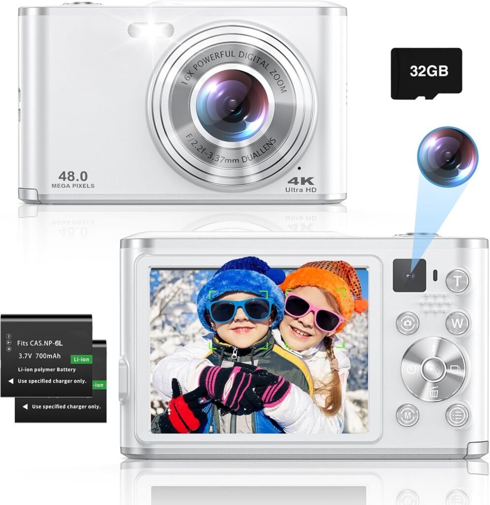 Digital Camera,4K Autofocus Compact Camera with 32G SD Card and Dual Camera,HD 48MP with 2.8″ Large Screen, 16X Digital Zoom Kids Digital Camera with 2 Batteries,Vlogging Camera for Beginners (White)