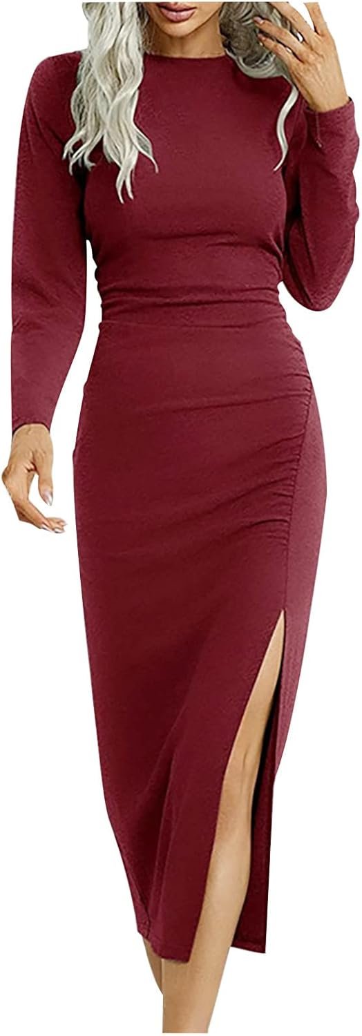 Dresses for Women UK Clearance Casual Long Sleeve Round-Neck Solid Warm Split Fork Loose Long Dress Christmas Dresses Fancy Dress Party Winter Dresses Jumper Dress Knitted Dress