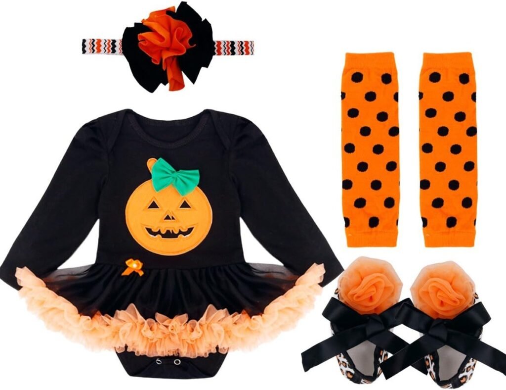 FEESHOW 4Pcs Baby Girls Halloween Pumpkin Costume Outfits Tutu Romper+Headband+Leg Warmers +Shoes FEESHOW 4Pcs Baby Girls Halloween Pumpkin Costume Outfits Tutu Romper+Headband+Leg Warmers +Shoes