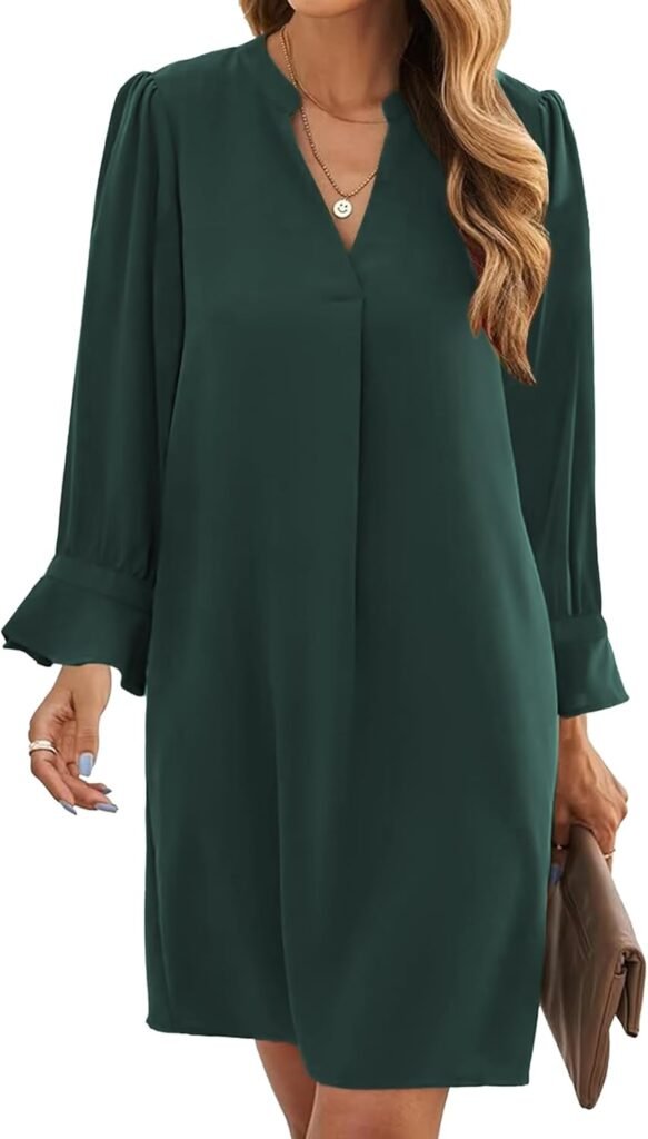 Famulily Ladies Fall Casual Mini Dresses Ruffled Long Sleeve V Neck Shift Dress Loose Work Dresses S-XXL