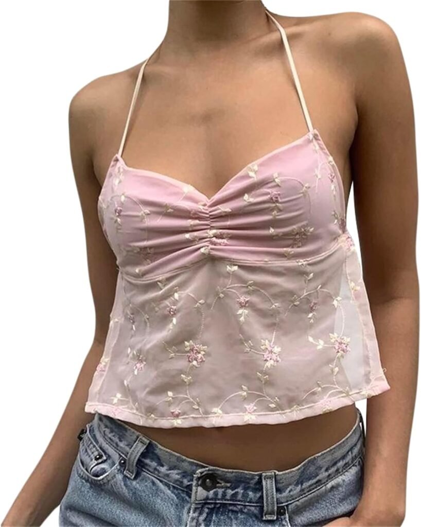 Fanvereka Y2K Women Halter Crop Top See-Through Lace Floral Spaghetti Strap Tie Backless Top Summer Tank Tops for Teen Girls
