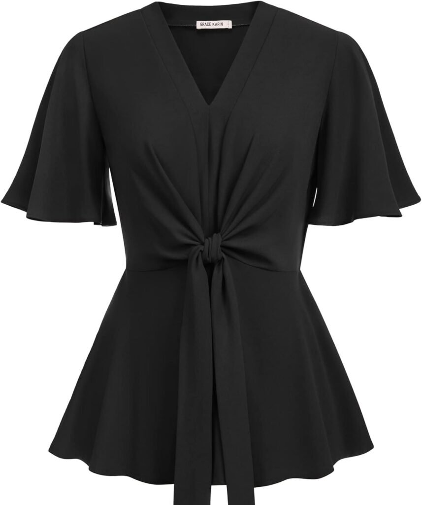 GRACE KARIN Ladies Summer Tops V Neck Bell Short Ruffle Sleeve Peplum Blouses Tie Front Top Blouse Shirt GRACE KARIN Ladies Summer Tops V Neck Bell Short Ruffle Sleeve Peplum Blouses Tie Front Top Blouse Shirt