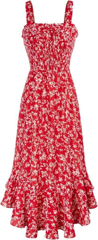 GRACE KARIN Women Summer Strappy Floral Maxi Dress Square Neck Dual Layer Hem Smocked Dress