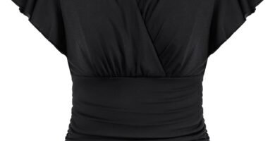 GRACE KARIN Women’s Short Ruffle Sleeve V-Neck Ruched Casual Tops Summer Blouses Vintage Top