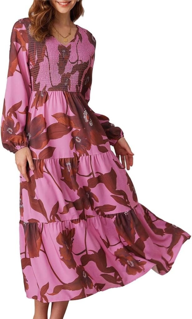 GRACE KARIN Women’s V-Neck Casual Dress Smockd Pleated Loose Dress A-Line Elastic Waist Boho Maxi Dress